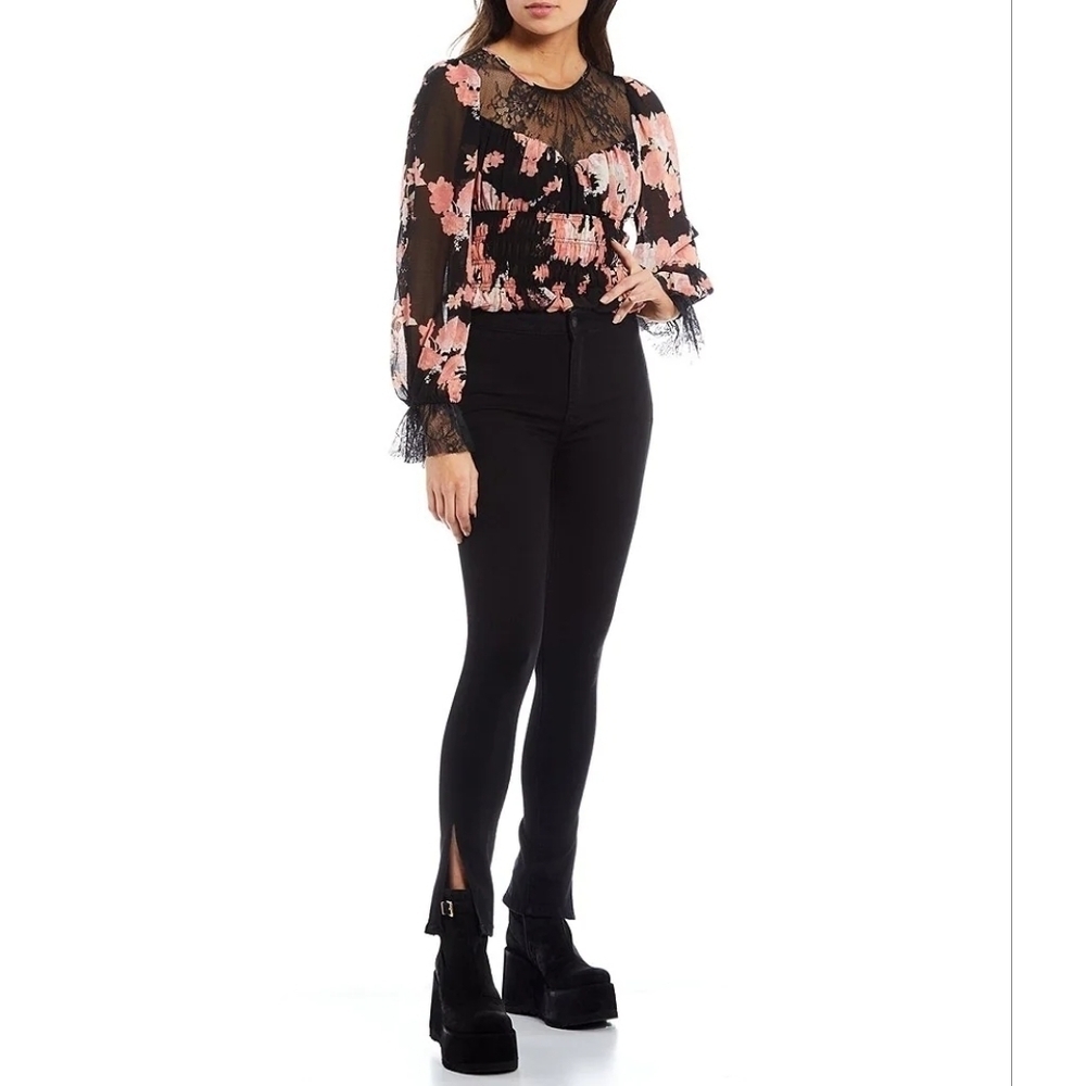 Free People Lace Sheer Smocked Crew Neck Top